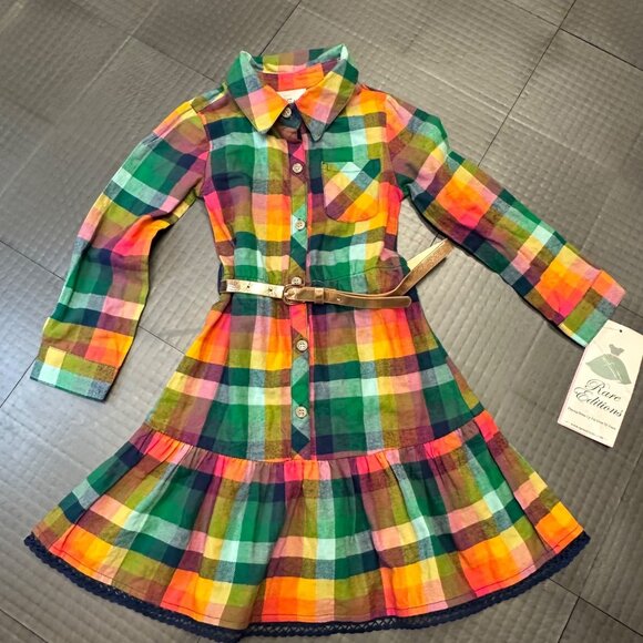 Rare Editions Other - RARE EDITIONS GIRLS SIZE 4 PLAID COLORFUL LONG SLEEVE BELTED DRESS NWT
